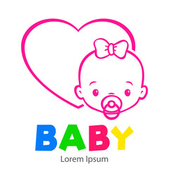 Baby Shower. It's a Girl. Logotipo con texto BABY con caricatura de cara de bebé con chupete, nudo de lazo y corazón en color rosa