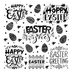 Hand written Easter phrases. Greeting card with Easter eggs