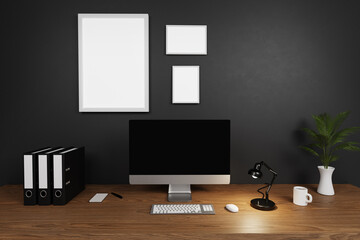 modern clean office workspace with computer screen and empty isolated frames on dark concrete wall; 3D Illustration