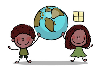 Stick Figure Kids holding planet earth stock illustration