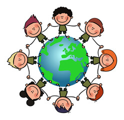 Multicultural people around earth, holding hands. stock illustration