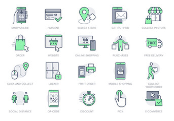 Click and collect service line icons. Vector illustration with icon - online shopping, qr code, basket, delivery, package, store outline pictogram for e-commerce. Green Color Editable Stroke - obrazy, fototapety, plakaty