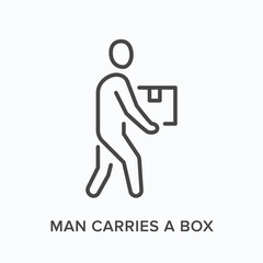 Man carring a box flat line icon. Vector outline illustration of courier and package in hands. Black thin linear pictogram for delivery service