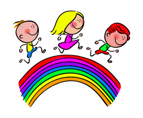 Happy Little Children Running on a Rainbow stock illustration