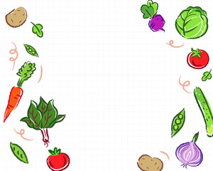 Grid paper background with vegetables. Cute vegetable vector illustrations in hand drawn style.
