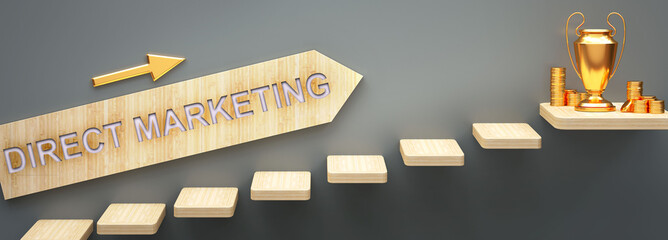 Direct marketing leads to money in business - symbolized by stairs and a Direct marketing sign pointing at a money to show that Direct marketing helps becoming rich, 3d illustration
