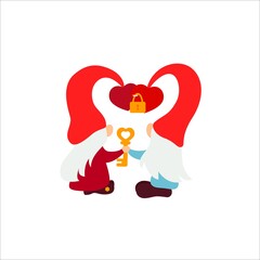 Cute Valentine s Day couple gnome with key. Vector illustration. Love you script. Motivational quote. Template for greeting card, label, tag, print for clothes, mug, pillow, crafting. Cut file