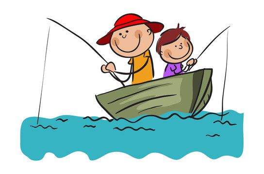 Two Fishermen with Fishing Rods on Boat stock illustration