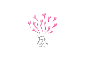 A girl in love exudes the vibes of love, good mood happiness on Valentine's Day with pink hearts Valentine's card Characters are made in a linear style with a black line Combined with colored elements