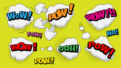Vector comic speach bubble with prase  Wow, Pow, Ooh, No  . Comic cartoon sound bubble speech set on colored background.