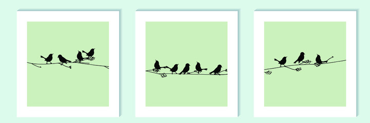 black vector isolated silhouettes of small birds on a colored background in the style of a wall panel.paintings, triptych.trendy style, minimalism