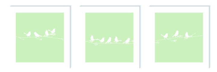 black vector isolated silhouettes of small birds on a colored background in the style of a wall panel.paintings, triptych.trendy style, minimalism