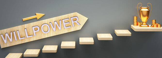 Willpower leads to money and success in business and life - symbolized by stairs and a Willpower sign pointing at golden money to show that Willpower helps becoming rich, 3d illustration