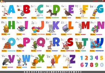 alphabet with cartoon characters and objects educational set