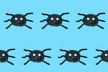 Halloween seamless pattern with funny cartoon spider. Endless texture for wallpaper, web page background, wrapping paper. Flat style. Black smiling spider with tongue on blue board