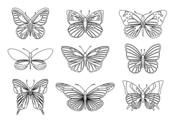 Set of butterflies for design element and adult or kids coloring book page. illustration.