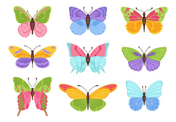 Watercolor colors butterflies isolated on white background. Pretty butterfly set with spring palette for child.
