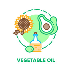 Vegetable Oil Vector Icon Concept. Olive, Sunflower And Avocado Extra Virgin Vegetable Oil, Natural Eco Clean Product Ingredient For Frying Dish Or Vegetarian Salas Color Illustration
