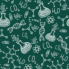 Vector seamless pattern with hand drawn school symbols. Physics, chemistry, biology. Science elements are drawn with a line. Background for children and students