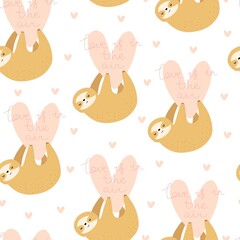 Seamless pattern with cartoon sloth, hearts, letterings. Colorful vector flat style. hand drawing. valentines day. Romantic design for print, wrapper, fabric.