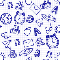 Vector seamless pattern with hand drawn school symbols. Alarm clock, cubes, book, fruits, letter drawn by line. Background for children and students