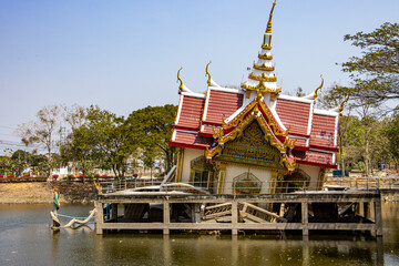 The Buddhist temple Wat Khao Saphan Park fall down inside a concrete construction in water tank,...