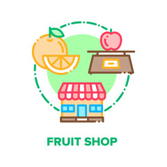 Fototapeta na wymiar Fruit Shop Food Vector Icon Concept. In Fruit Shop Building Selling Vegetarian Nutrition And Natural Delicious Products, Orange And Apple On Electronic Scales. Eco Nourishment Sale Color Illustration