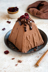 traditional Easter dessert, cottage cheese chocolate dessert with chocolate and cranberry topping