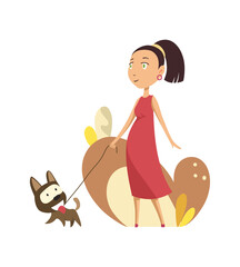 Naklejka premium Pregnant woman in red dress walking with dog.