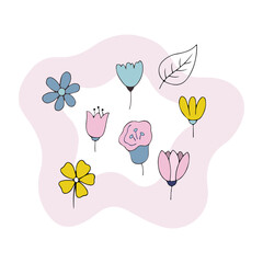 
Set of hand drawn flowers in simple shape, vector botany set isolated on white background