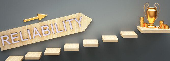 Reliability leads to money and success in business and life - symbolized by stairs and a Reliability sign pointing at golden money to show that Reliability helps becoming rich, 3d illustration