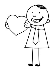 Hand drawn black and white illustration of kid who hold heart shaped gift. Vector EPS. 