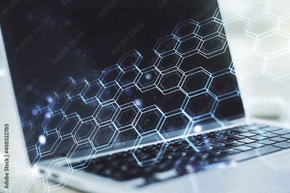 Poster Double exposure of technology hologram with hexagon on laptop background. Research and development software concept