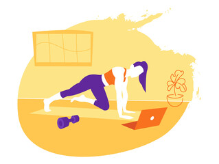 Stay at home, be healthy and positive. Woman doing exercises on a laptop. Online training at home gym. sport internet fitness workout. Healthy lifestyle. Coronavirus quarantine isolation. 