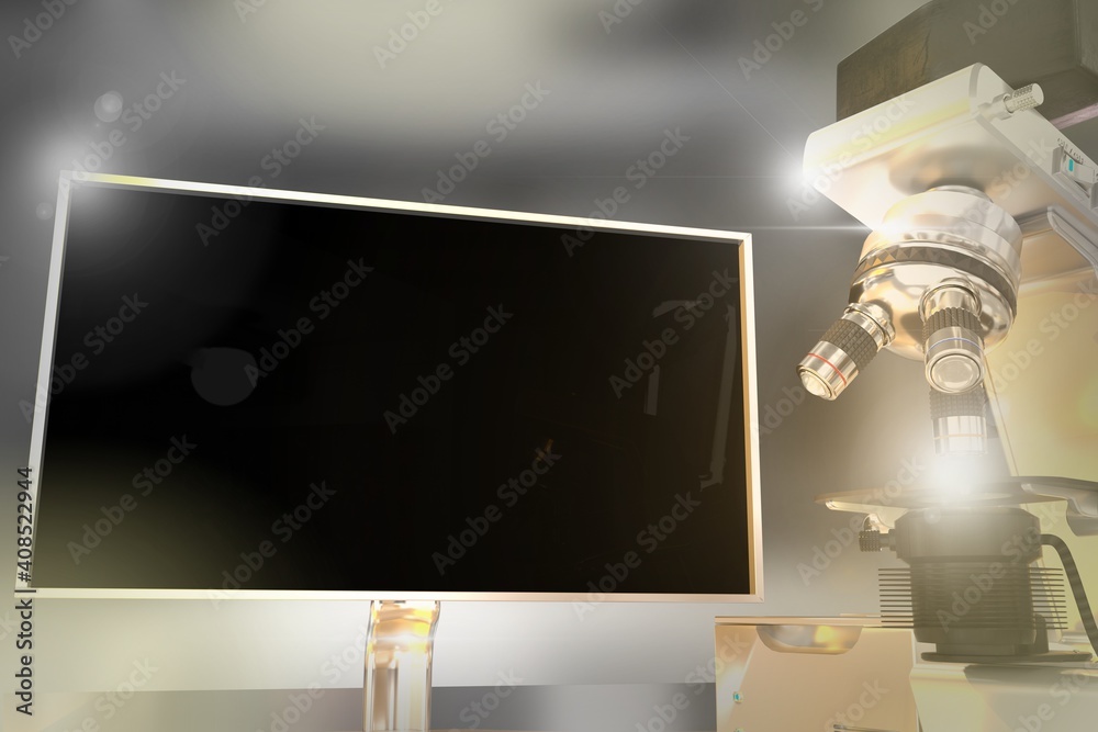 Wall mural nano technology analysis concept, lab modern microscope and monitor with blank space for your content with flare on bokeh background - object 3D illustration