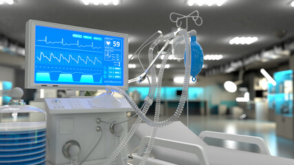 ICU medical ventilator in hospital, cg healthcare 3d illustration