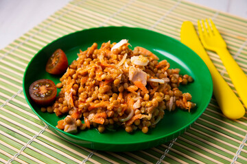 Lentil salad healthy food with tuna.