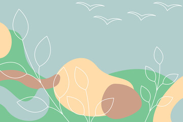 Abstract modern colorful background with shapes,leaves and birds. Spring concept. Flat vector illustration.
