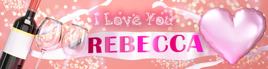 I love you Rebecca - wedding, Valentine's or just to say I love you celebration card, joyful, happy party style with glitter, wine and a big pink heart balloon, 3d illustration