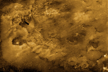 Gold ink and watercolor texture on white paper background. Paint leaks and decalcomania effects. Hand-painted gouache abstract image. Mess on the canvas.