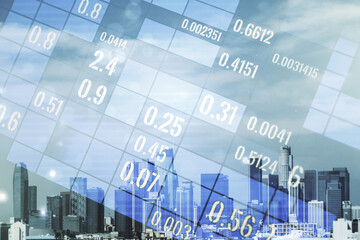 Abstract virtual analytics data spreadsheet on Los Angeles cityscape background, analytics and analysis concept. Multiexposure