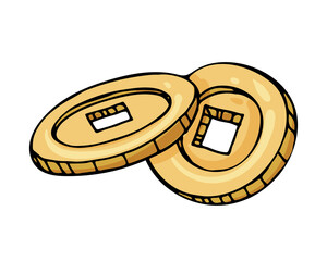 Two Chinese gold coins with a square hole. Vector illustration. A talisman for good luck, wealth and prosperity