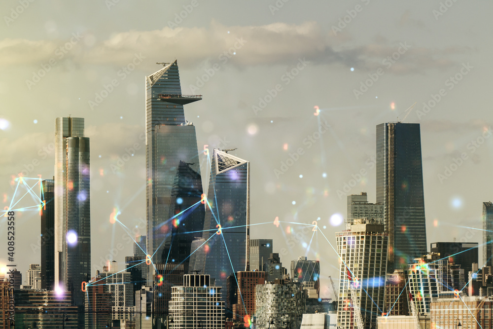 Aufkleber Abstract virtual wireless technology hologram on New York city skyline background. Big data and database concept. Multiexposure