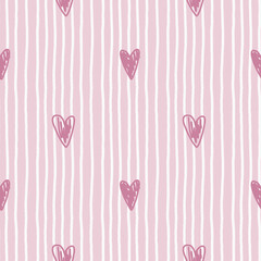 Pink seamless pattern with hand drawn doodle hearts and white uneven stripes. Nursery cute background for kids room.