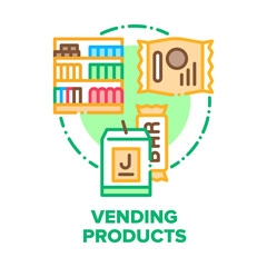 Vending Products Vector Icon Concept. Vending Products Juice And Chocolate Bar, Cookies Or Cereal Healthy Breakfast Dish Package On Food Grocery Shop Counter Shelves Color Illustration