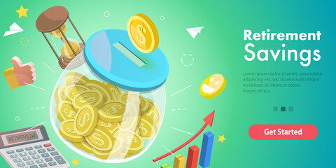 3D Isometric Flat Vector Conceptual Illustration of Retirement Savings, Financial Planning.