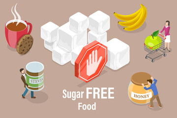 3D Isometric Flat Vector Conceptual Illustration of Sugar Free Food, Natural Sweeteners.