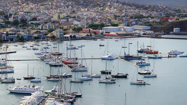 the view of the harbour from the Alto Fortim in Mindelo, on the island Sao Vicente, Cabo Verde, in the month of December