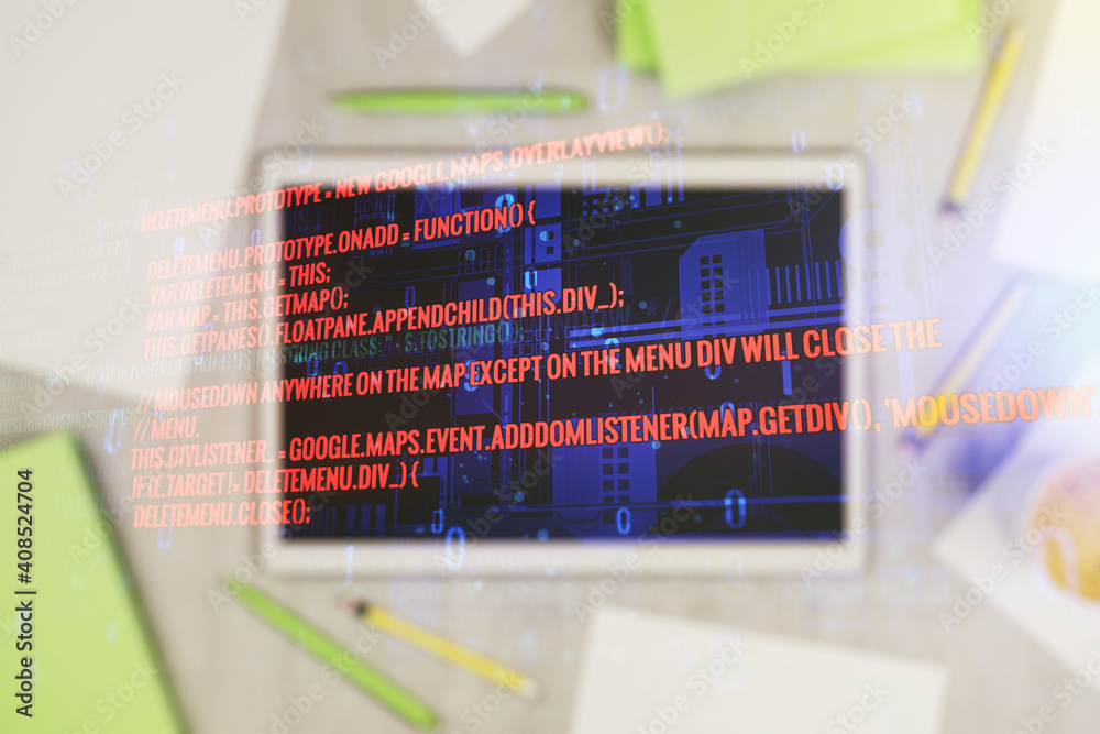 Poster multi exposure of abstract graphic coding sketch and modern digital tablet on desktop on background,