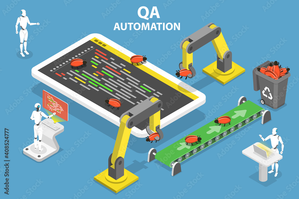 Wall mural 3d isometric flat vector conceptual illustration of automated software quality assurance, qa automat